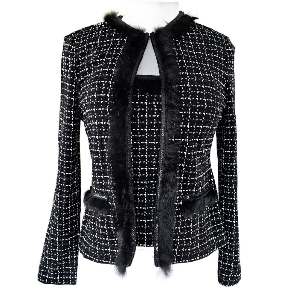 JOSEPH RIBKOFF Black Sparkle Jersey Fur Trim Jacket & Cami Set Size 4